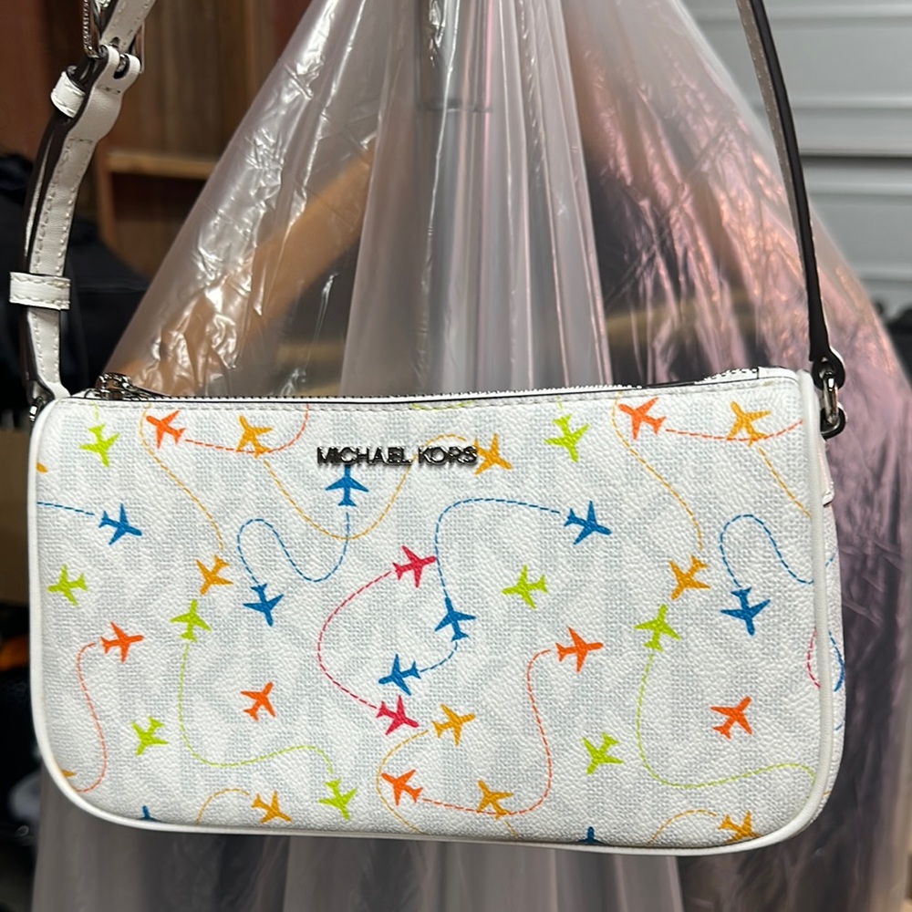Michael Kors White Shoulder Bag with Playful Airplane Pattern